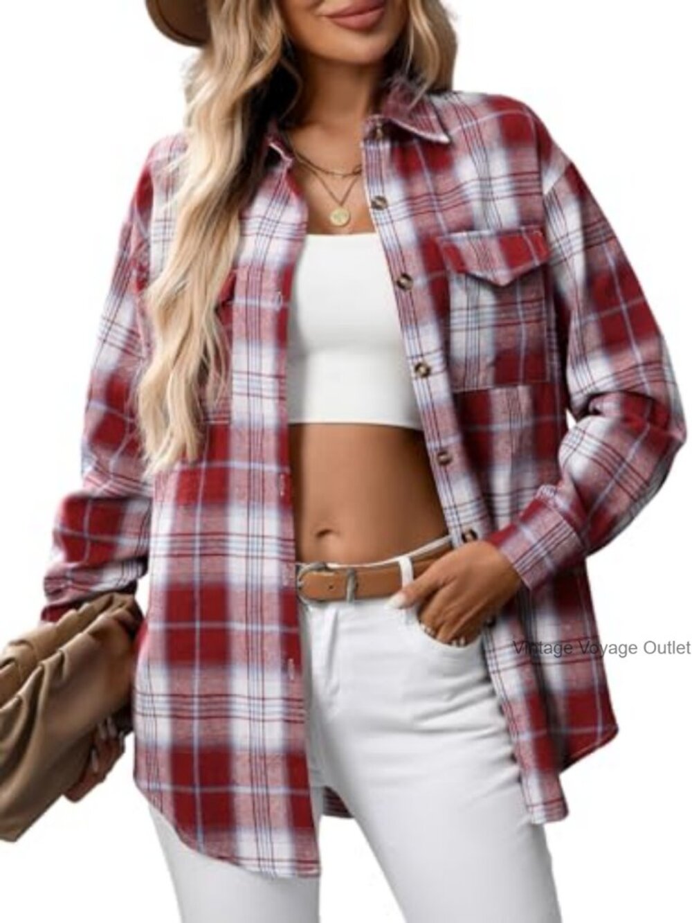 Oversized Flannel Shirt Long Sleeve Button Down Plaid Blouse